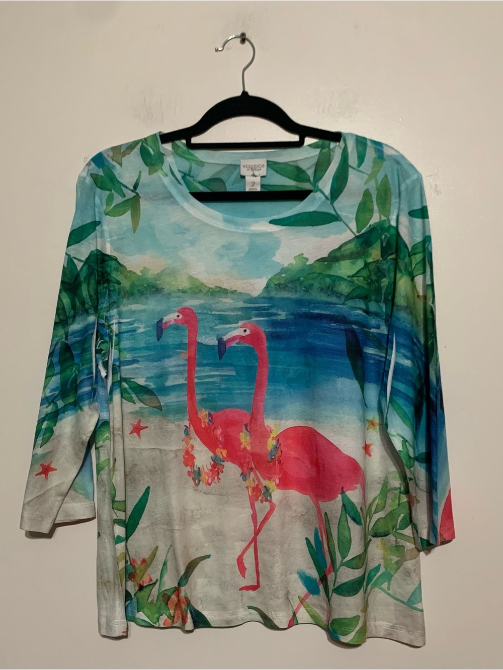 Chico’s Weekend Tropical Flamingo Print Long Sleeve Tee - Pink/Blue Size 2